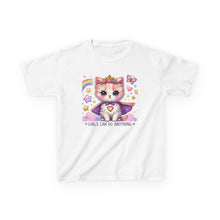 Load image into Gallery viewer, Empowering Kids Tee, Cute Cat Design, Girls Can Do Anything T-Shirt, Fun Gift for Birthdays, Encouraging Apparel