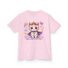Load image into Gallery viewer, Empowering Kids Tee, Cute Cat Design, Girls Can Do Anything T-Shirt, Fun Gift for Birthdays, Encouraging Apparel