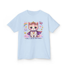 Load image into Gallery viewer, Empowering Kids Tee, Cute Cat Design, Girls Can Do Anything T-Shirt, Fun Gift for Birthdays, Encouraging Apparel