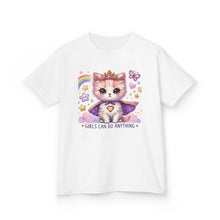 Load image into Gallery viewer, Empowering Kids Tee, Cute Cat Design, Girls Can Do Anything T-Shirt, Fun Gift for Birthdays, Encouraging Apparel