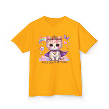 Load image into Gallery viewer, Empowering Kids Tee, Cute Cat Design, Girls Can Do Anything T-Shirt, Fun Gift for Birthdays, Encouraging Apparel