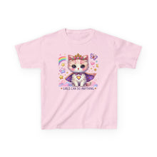 Load image into Gallery viewer, Empowering Kids Tee, Cute Cat Design, Girls Can Do Anything T-Shirt, Fun Gift for Birthdays, Encouraging Apparel