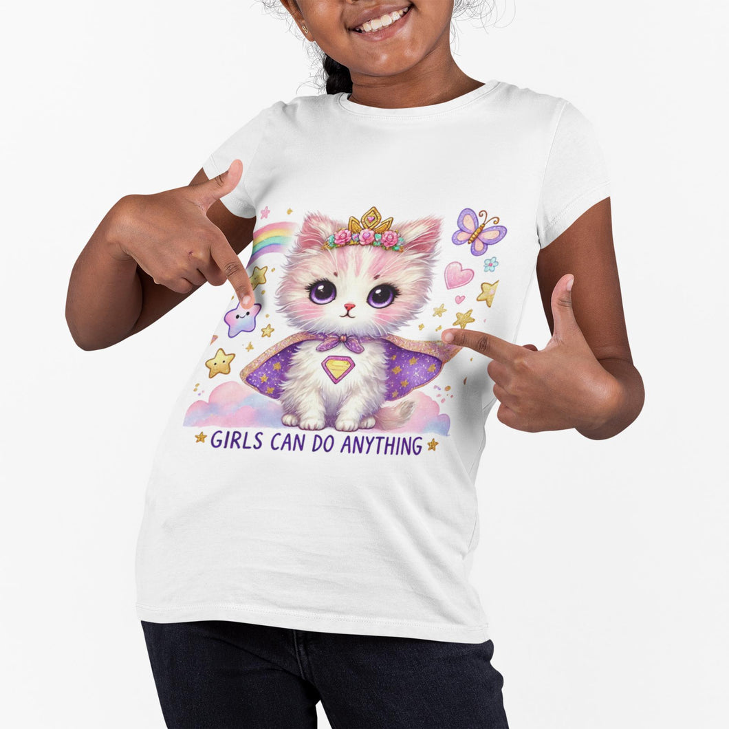 Girls Can Do Anything Kids Tee Empowering Cute Cat Gamer Shirt